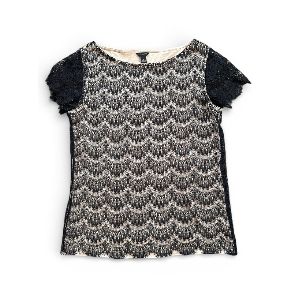 Ann Taylor‎ Lace Overlay Top Women Sz M Black Tan Short Sleeve Excellent Scallop